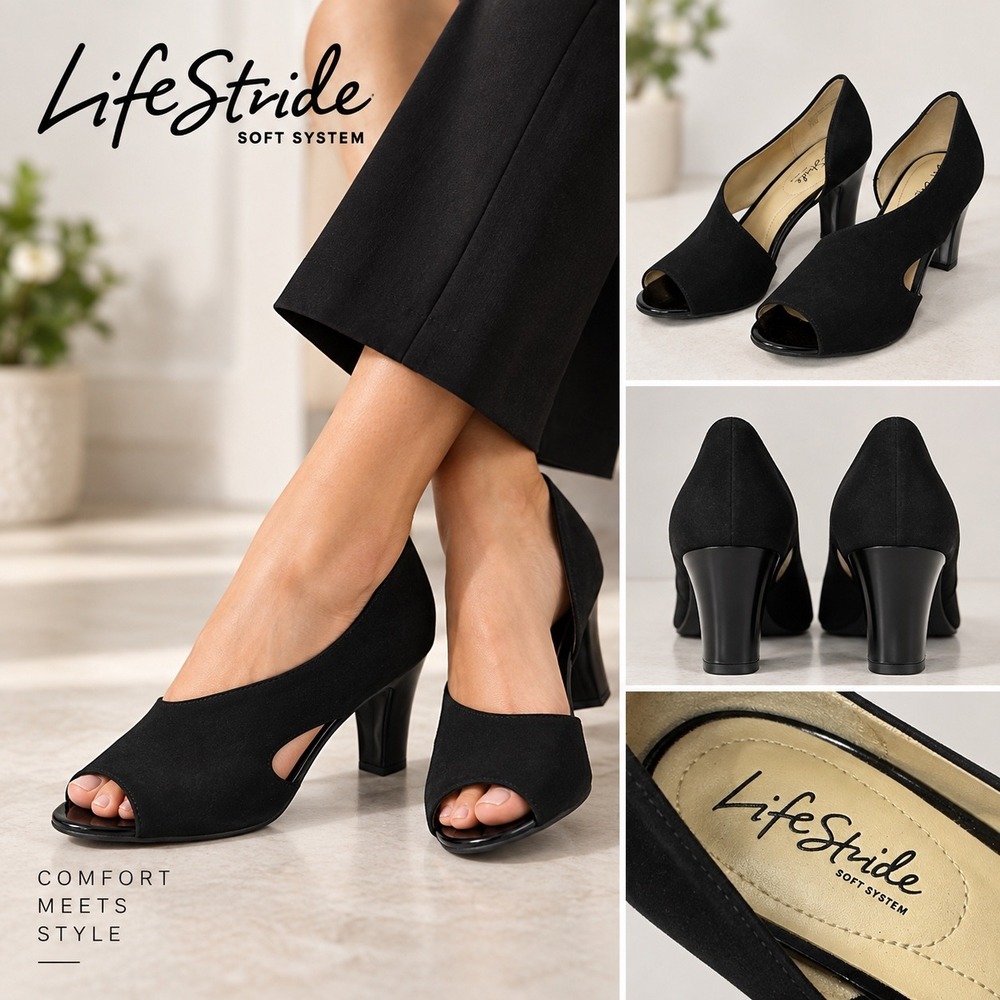 LifeStride Cadenza Black Faux Suede Peep Toe Block Heel Pumps 7.5M Quite Luxury